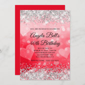 Rosa und Rote Herzen Silberner Glitzer 40. Geburts Einladung (Vorne/Hinten)