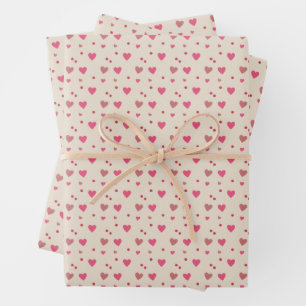 Rosa und rote Herzen und Punkte auf Creme Valentin Geschenkpapier Set