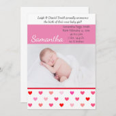 Rosa und Rote Herzen Valentine Foto Geburt Ankündigung (Vorne/Hinten)