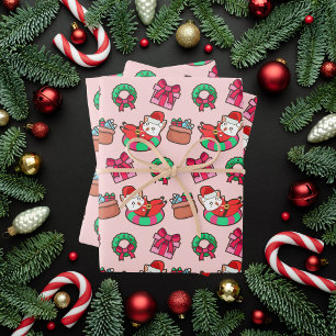 Rosa und rote Kawaii Weihnachtskatze Geschenkpapier Set