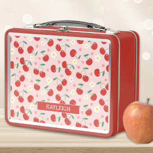Rosa und Rote Kirsche Hintergrundmuster-Backpack Metall Brotdose