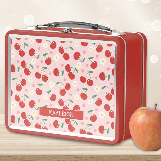 Rosa und Rote Kirsche | Hintergrundmuster-Backpack Metall Brotdose