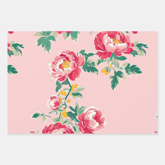 Rosa und Rote Peony Chinoiserie Blumen Geschenkpapier Set (Vorderseite)