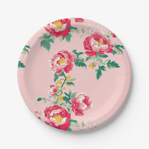 Rosa und Rote Peony Chinoiserie Blumen Pappteller