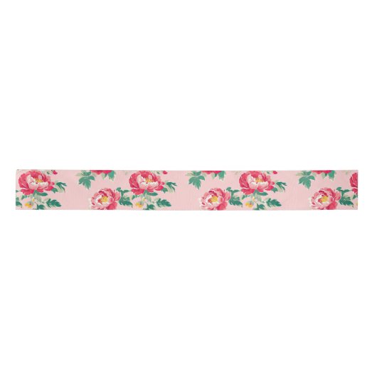 Rosa und Rote Peony Chinoiserie Blumen Satinband (Vorderseite)