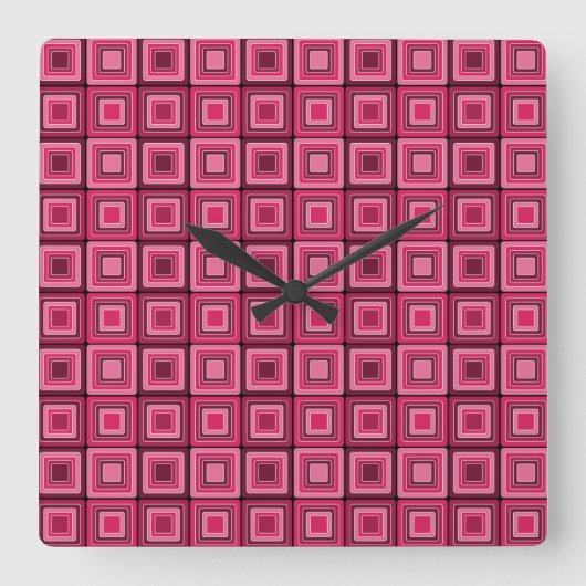 Rosa und rote Quadrate Funke Wall Clock Quadratische Wanduhr (Vorderseite)