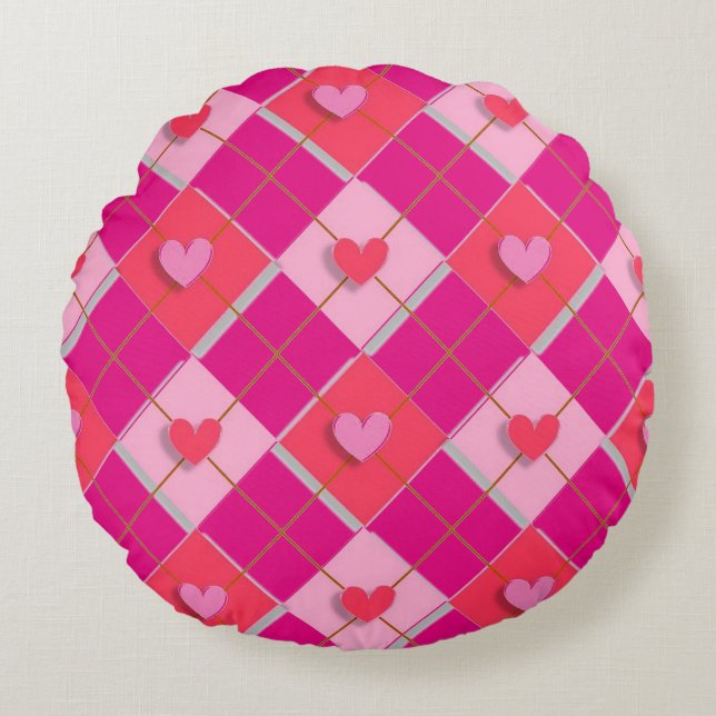 Rosa und rote Raute Herz Rundes Kissen (Vorderseite)