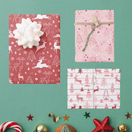 Rosa und Rote Rentiere und Weihnachtsbäume Geschenkpapier Set