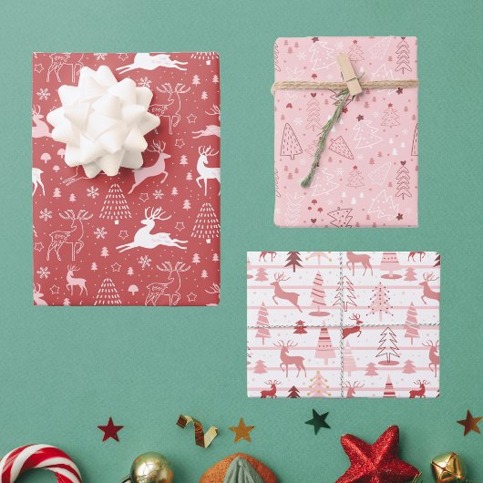 Rosa und Rote Rentiere und Weihnachtsbäume Geschenkpapier Set
