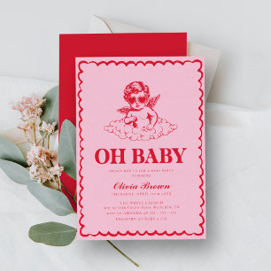 Rosa und rote Retro-Cherub-Baby-Party Einladung