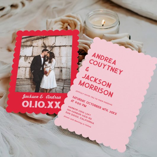 Rosa und rote Retro-Hochzeit Einladung