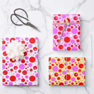 Rosa und rote Retro-Kreise und Punkte Geschenkpapier Set