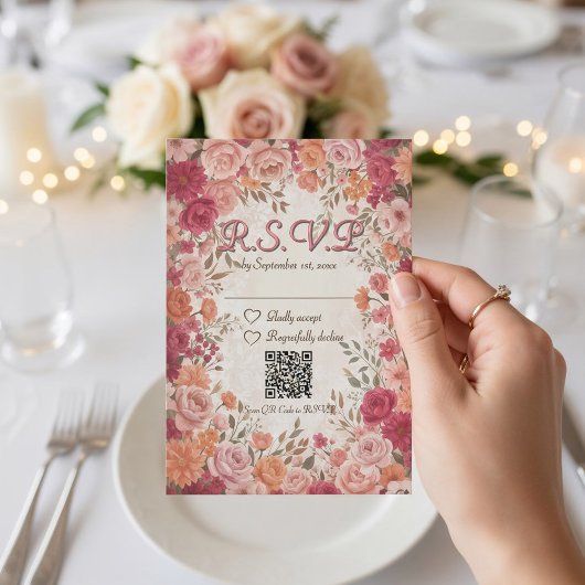 Rosa und rote romantische Frühlingsblumen QR-Code  RSVP Karte