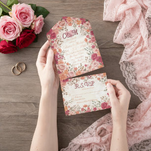 Rosa und rote romantische Rosen Frühlingshochzeit All-in-One-Einladung