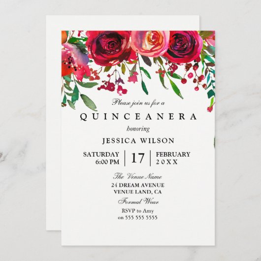 Rosa und Rote Rose Quinceanera Einladung (Vorne/Hinten)