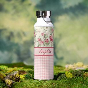 Rosa und Rote Rosen und Gingham Karo Mit Monogramm Trinkflasche
