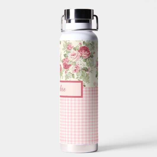 Rosa und Rote Rosen und Gingham Karo Mit Monogramm Trinkflasche (Rückseite)