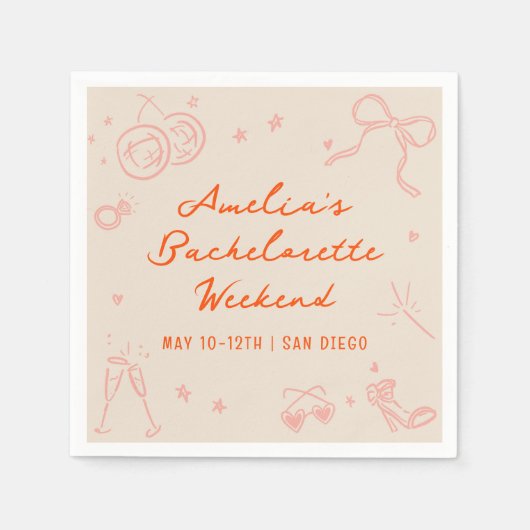Rosa und Rote Sketch Bachelorette Wochenende Party Serviette (Vorderseite)