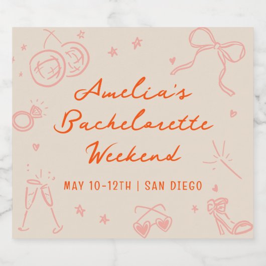 Rosa und Rote Sketch Bachelorette Wochenende Schaumweinetikett (Einzelnes Label)