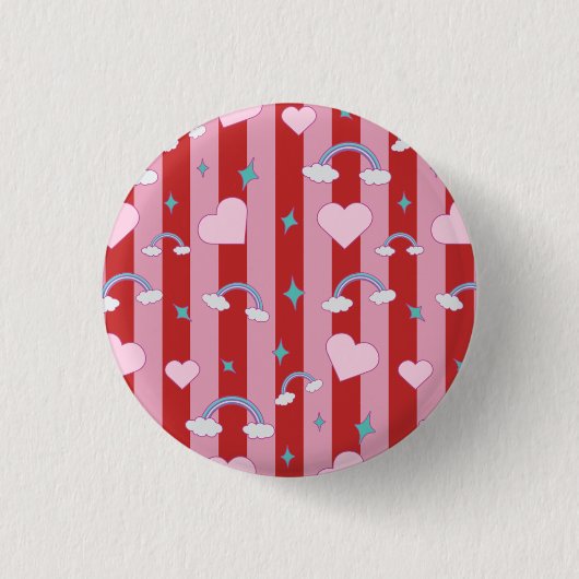 Rosa und rote Streifen mit Regenbögen und Herzen Button (Vorderseite)