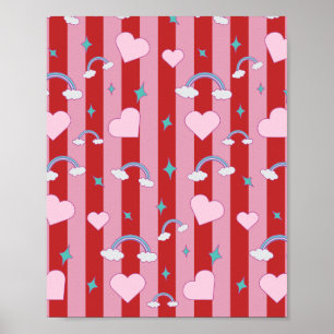 Rosa und rote Streifen mit Regenbögen und Herzen Poster