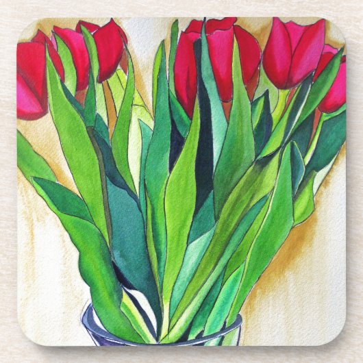 Rosa und rote Tulpen Aquarellkunst Getränkeuntersetzer (Vorderseite)