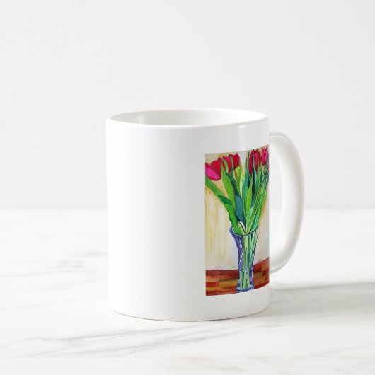 Rosa und rote Tulpen Aquarellkunst Kaffeetasse (VorderseiteRechts)