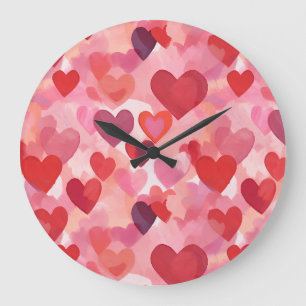 Rosa und rote Wasserfarbe-Herzen Romantische Koket Große Wanduhr