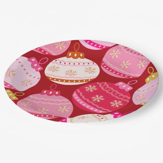 Rosa und rote Weihnachtsbaumchen Pappteller (Schrägansicht)