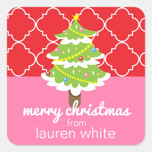 Rosa und rote Weihnachtsbaumgeschenke Quadratischer Aufkleber (Vorderseite)