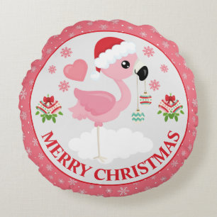 Rosa und rote Weihnachtsflamingo-Winterhandschuhe Rundes Kissen