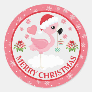 Rosa und Rote Weihnachtsflamingos Winter Runder Aufkleber