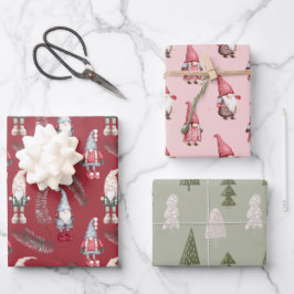 Rosa und rote Weihnachtsgnomen Geschenkpapier Set