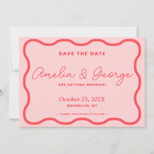 Rosa und rote wellige Retro Save The Date (Vorderseite)
