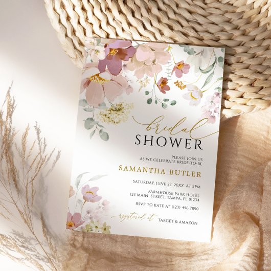 Rosa und rote Wildblumen Brautdusche Einladung