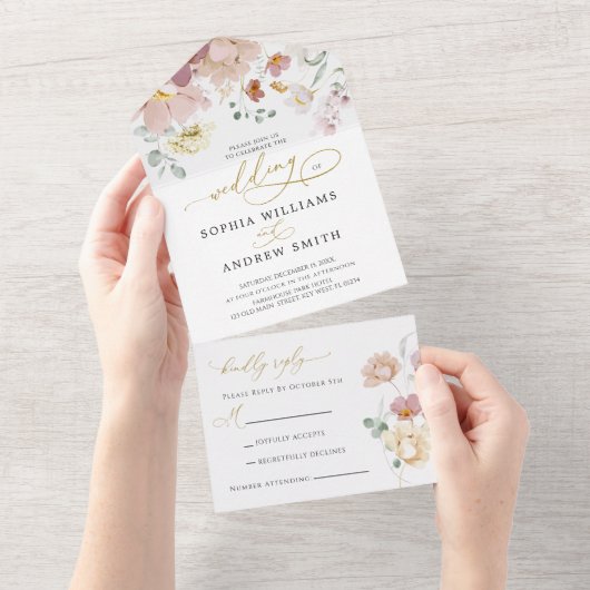 Rosa und Rote Wildblumen Hochzeit All In One Einladung (Abreißen)