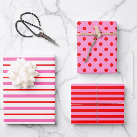 Rosa und roter Polka-Punkt gestrichen Geschenkpapier Set (Vorderseite)