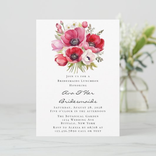Rosa und roter Poppy Tulips Bridesmaids Luncheon Einladung (Stehend Vorderseite)
