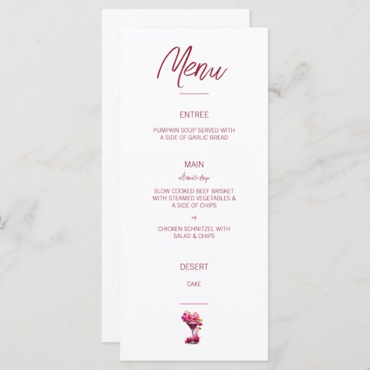 Rosa und rotes Brunch und Bubbly-Menü Menükarte (Vorne/Hinten)