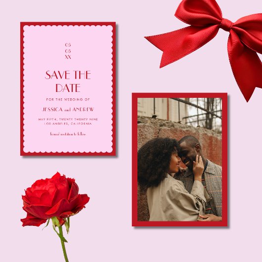 Rosa und rotes Foto Retro 70er Hochzeiten Save The Date