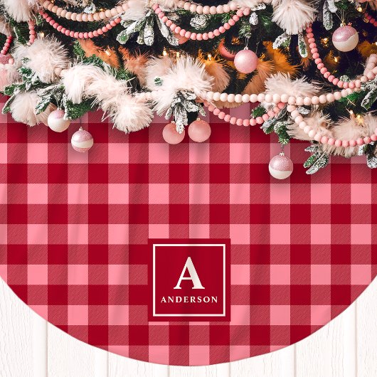 Rosa und rotes Gingham-Karo-Monogramm Polyester Weihnachtsbaumdecke