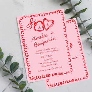 rosa und rotes handgezeichnetes Herz Whimsical Hoc Einladung
