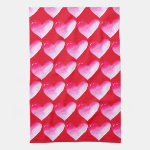 Rosa und rotes Herz Aquarell Pop Kunst Geschirrtuch