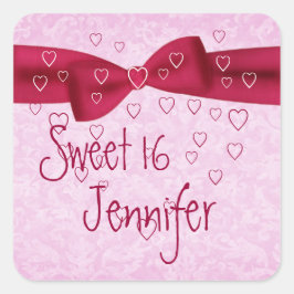 Rosa und rotes Herz mit Bow - Sweet 16 Quadratischer Aufkleber
