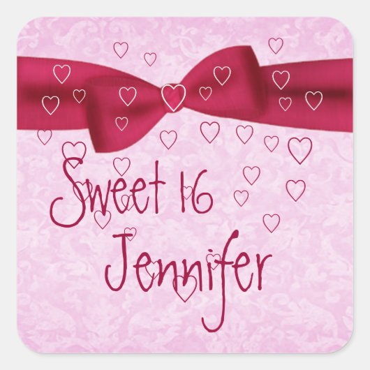 Rosa und rotes Herz mit Bow - Sweet 16 Quadratischer Aufkleber (Vorderseite)