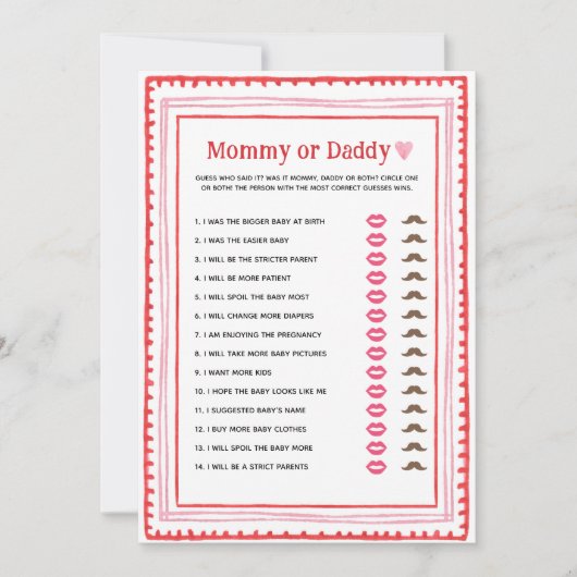 Rosa und Rotes Herz Mommy oder Daddy Game Einladung (Vorderseite)