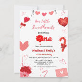 Rosa und Rotes Herz Valentine Twin Erster Geburtst Einladung (Vorderseite)