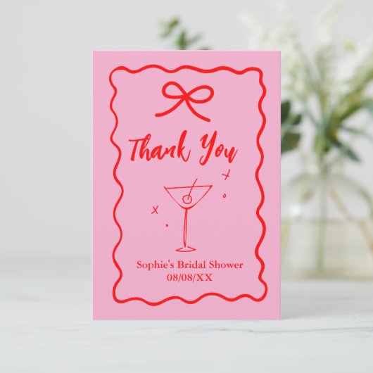 Rosa und rotes Retro-Brautparty Dankeskarte (Stehend Vorderseite)