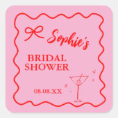 Rosa und rotes Retro Brautparty Martini Quadratischer Aufkleber (Vorderseite)