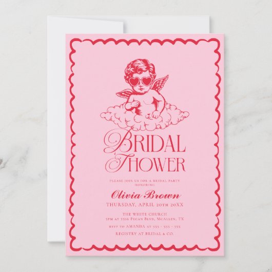 Rosa und rotes Retro-Cherub-Brautparty Einladung (Vorderseite)